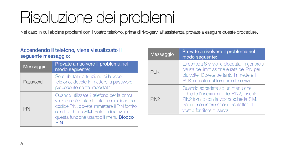 Samsung GT-C3510XKATIM, GT-C3510XKACIT, GT-C3510CWACIT, GT-C3510CWAMOT, GT-C3510DPACIT manual Risoluzione dei problemi 