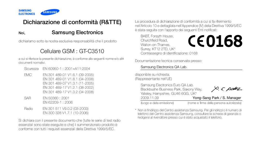 Samsung GT-C3510DPACIT, GT-C3510XKACIT, GT-C3510CWACIT manual Dichiarazione di conformità R&TTE, Cellulare GSM GT-C3510 