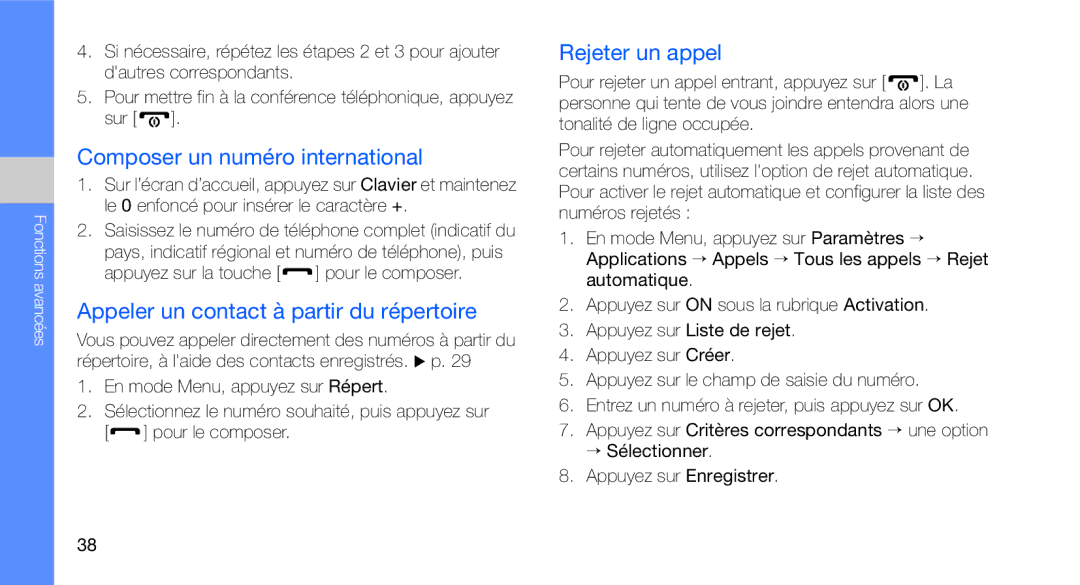 Samsung GT-C3510SIAXEF manual Composer un numéro international, Appeler un contact à partir du répertoire, Rejeter un appel 