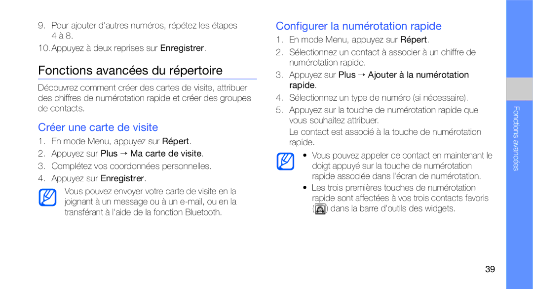 Samsung GT-C3510XKACAR Fonctions avancées du répertoire, Créer une carte de visite, Configurer la numérotation rapide 