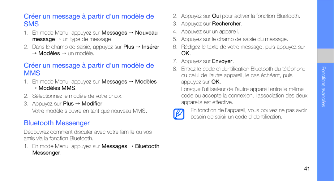 Samsung GT-C3510XKASFR, GT-C3510XKAFTM, GT-C3510CWAXEF manual Créer un message à partir dun modèle de, Bluetooth Messenger 