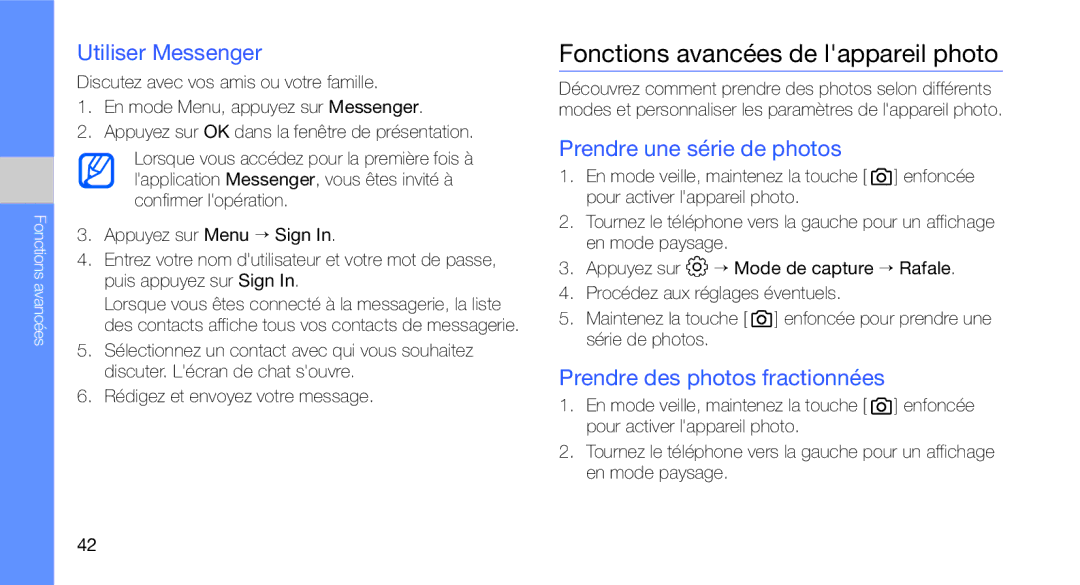 Samsung GT-C3510XKABOG manual Fonctions avancées de lappareil photo, Utiliser Messenger, Prendre une série de photos 