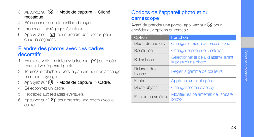 Samsung GT-C3510CWASFR manual Prendre des photos avec des cadres décoratifs, Options de lappareil photo et du caméscope 