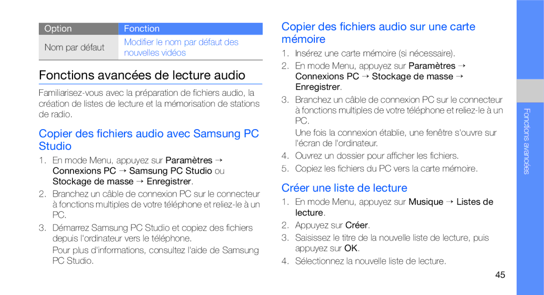 Samsung GT-C3510XKAVGF manual Fonctions avancées de lecture audio, Copier des fichiers audio sur une carte, Mémoire 