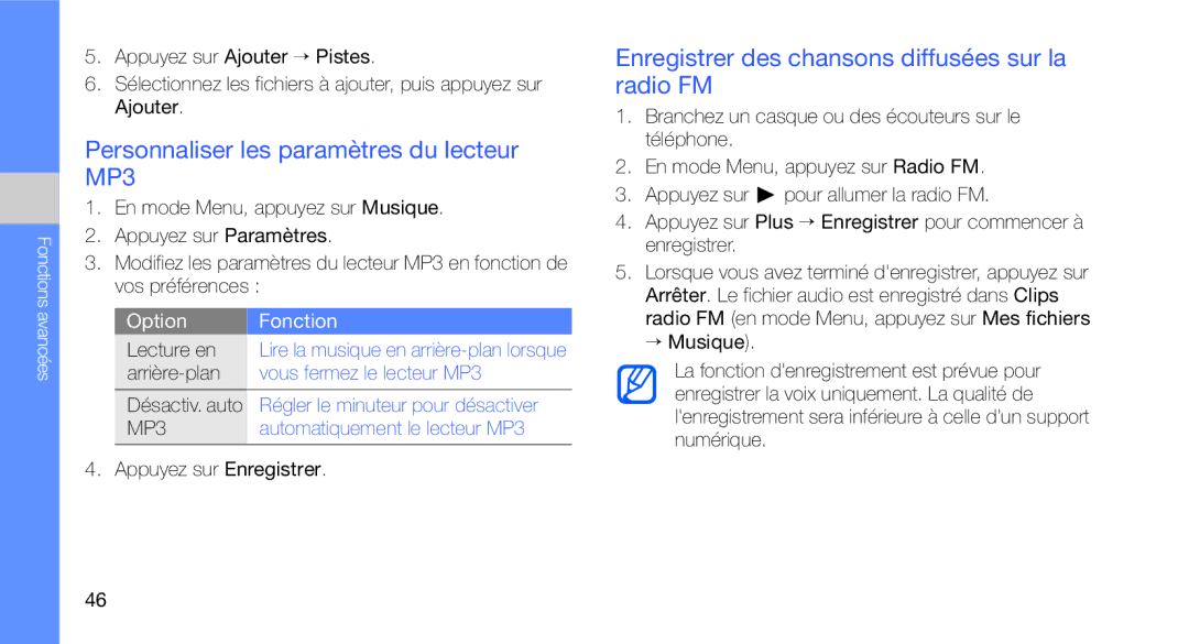 Samsung GT-C3510XKAFTM Personnaliser les paramètres du lecteur MP3, Enregistrer des chansons diffusées sur la radio FM 
