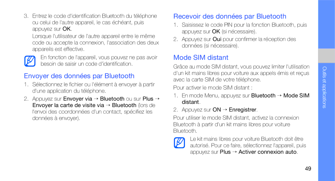 Samsung GT-C3510XKACAR manual Envoyer des données par Bluetooth, Recevoir des données par Bluetooth, Mode SIM distant 