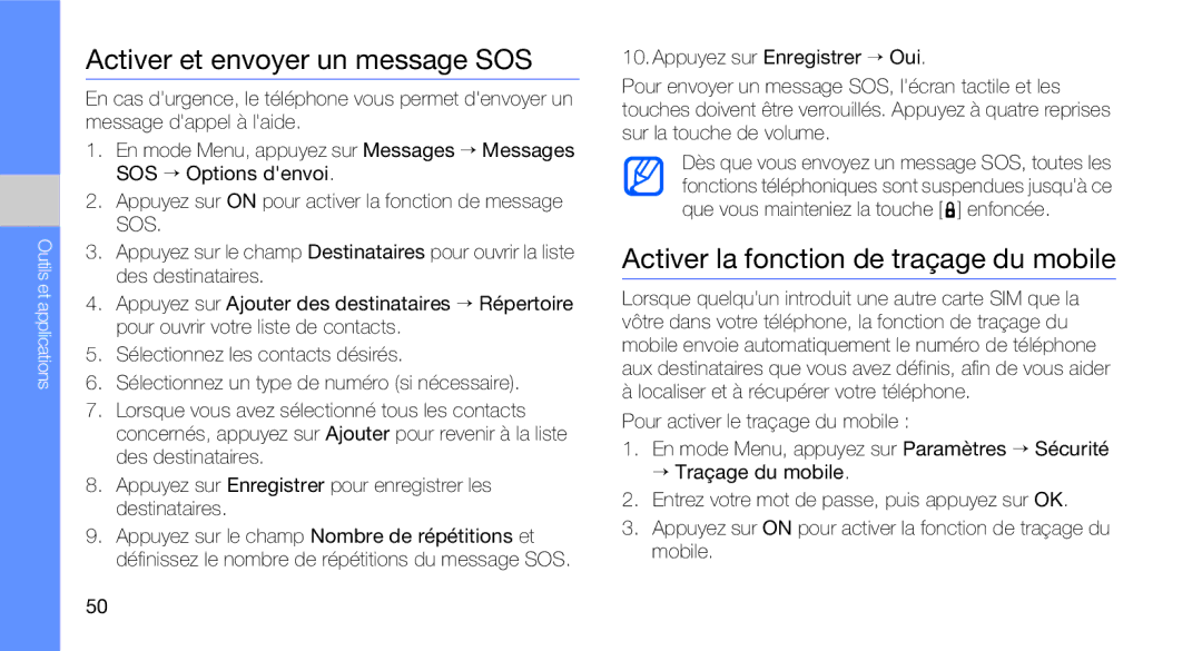 Samsung GT-C3510XKAXEF, GT-C3510XKAFTM manual Activer et envoyer un message SOS, Activer la fonction de traçage du mobile 