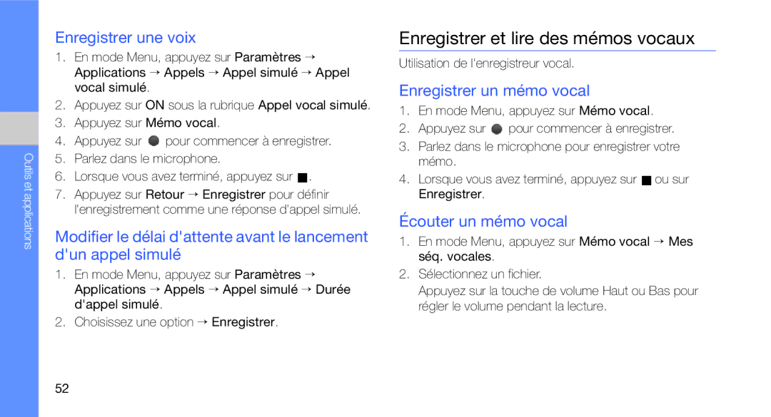 Samsung GT-C3510XKABOG manual Enregistrer et lire des mémos vocaux, Enregistrer une voix, Enregistrer un mémo vocal 