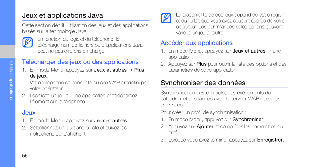 Samsung GT-C3510XKAFTM manual Jeux et applications Java, Synchroniser des données, Télécharger des jeux ou des applications 