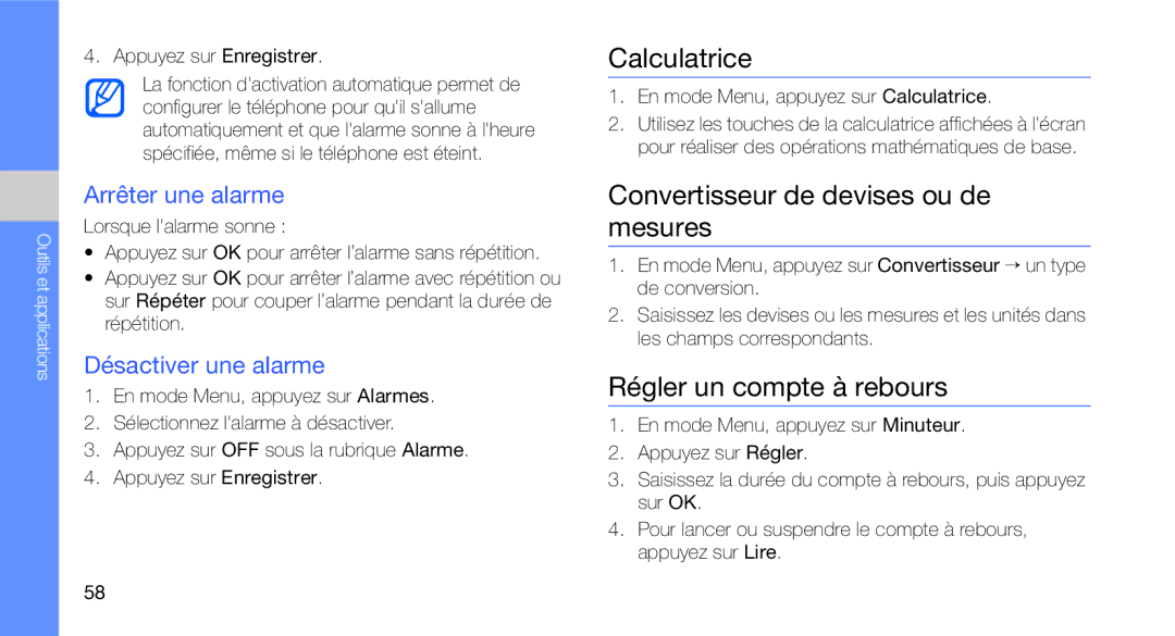 Samsung GT-C3510SIAXEF, GT-C3510XKAFTM Calculatrice, Convertisseur de devises ou de mesures, Régler un compte à rebours 