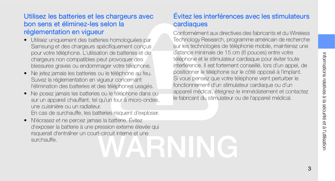 Samsung GT-C3510CWASFR, GT-C3510XKAFTM, GT-C3510CWAXEF manual Évitez les interférences avec les stimulateurs cardiaques 