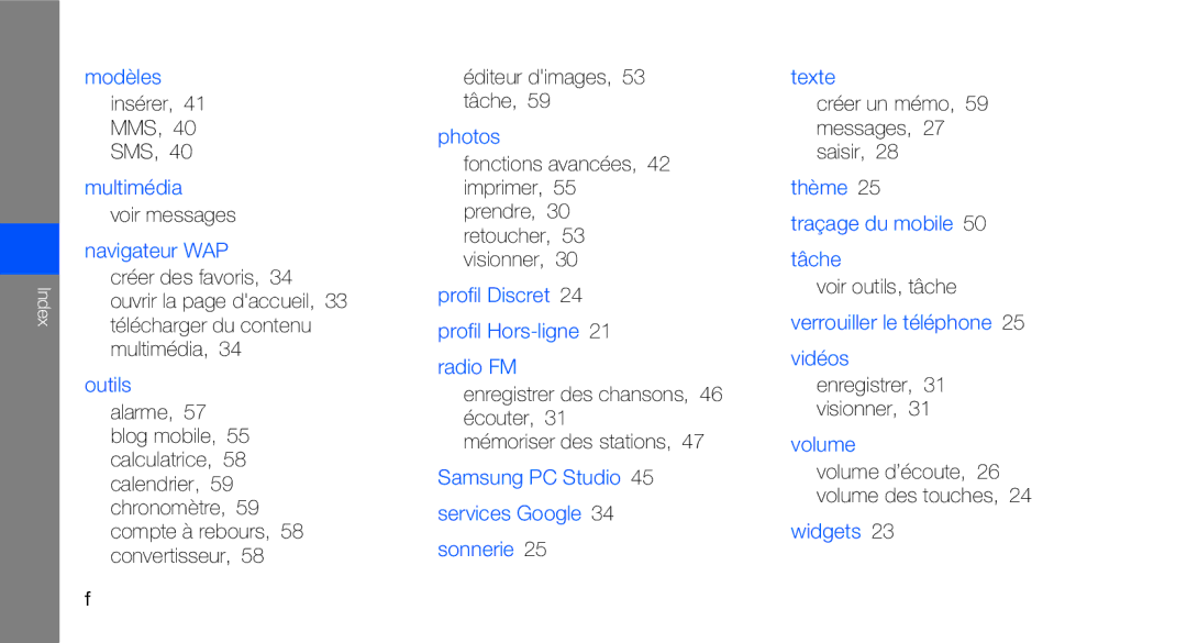 Samsung GT-C3510XKAFTM Modèles, Multimédia, Navigateur WAP créer des favoris, Photos, Texte, Thème Traçage du mobile Tâche 