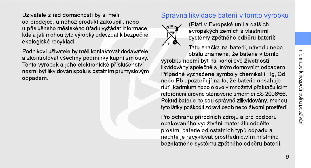 Samsung GT-C3510XKAO2C, GT-C3510SIAXEZ, GT-C3510XKAXEZ manual Správná likvidace baterií v tomto výrobku 