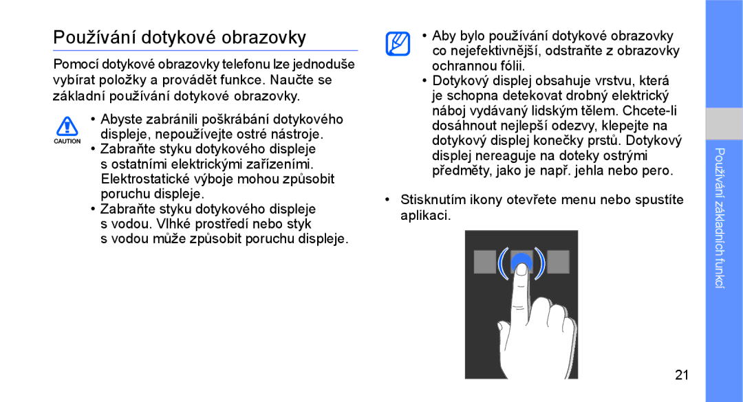 Samsung GT-C3510XKAO2C, GT-C3510SIAXEZ Používání dotykové obrazovky, Stisknutím ikony otevřete menu nebo spustíte aplikaci 