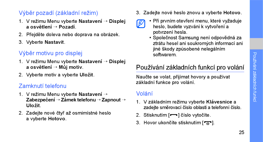 Samsung GT-C3510SIAXEZ manual Používání základních funkcí pro volání, Výběr pozadí základní režim, Výběr motivu pro displej 