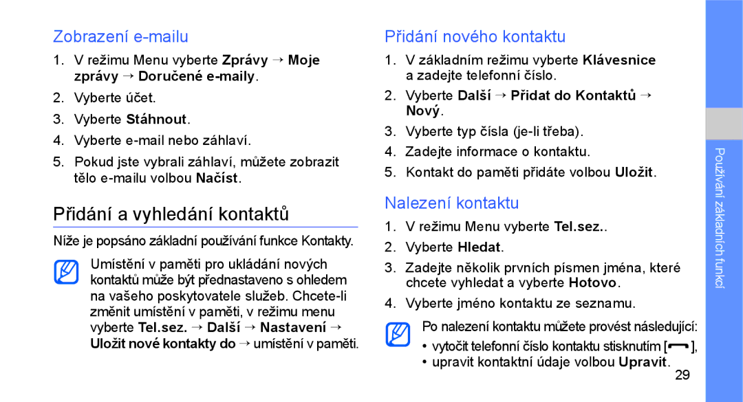 Samsung GT-C3510XKAXEZ manual Přidání a vyhledání kontaktů, Zobrazení e-mailu, Přidání nového kontaktu, Nalezení kontaktu 