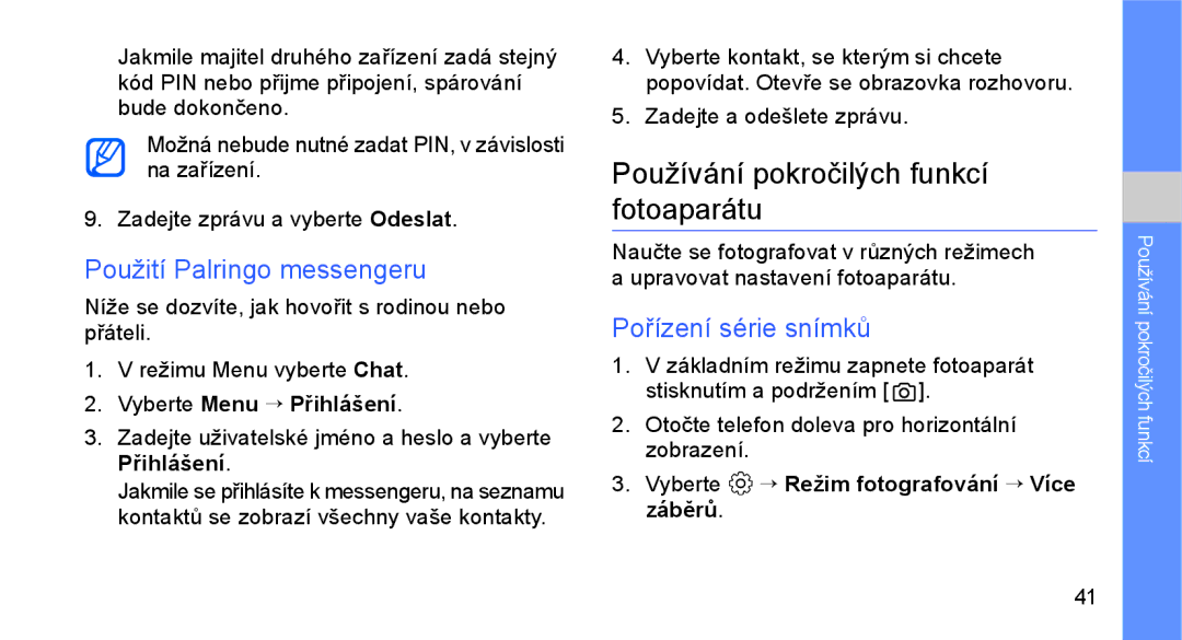 Samsung GT-C3510XKAXEZ manual Používání pokročilých funkcí fotoaparátu, Použití Palringo messengeru, Pořízení série snímků 