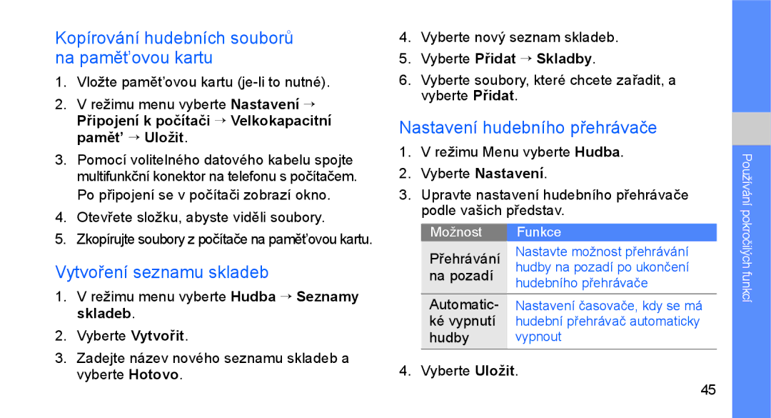 Samsung GT-C3510XKAO2C, GT-C3510SIAXEZ manual Kopírování hudebních souborů na pamět’ovou kartu, Vytvoření seznamu skladeb 