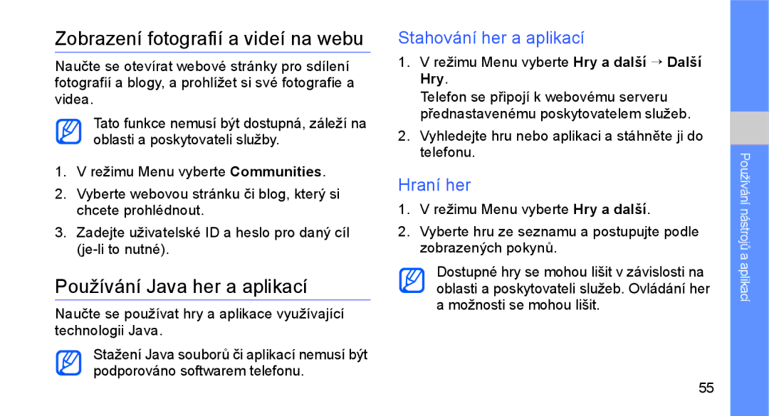 Samsung GT-C3510SIAXEZ manual Zobrazení fotografií a videí na webu, Používání Java her a aplikací, Stahování her a aplikací 