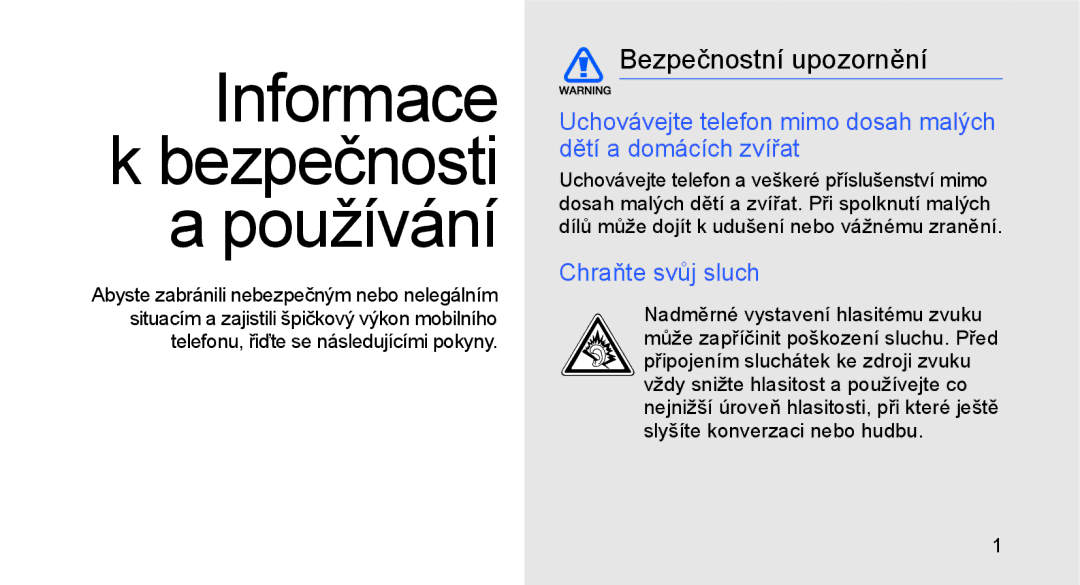 Samsung GT-C3510SIAXEZ, GT-C3510XKAO2C, GT-C3510XKAXEZ manual Bezpečnostní upozornění, Chraňte svůj sluch 