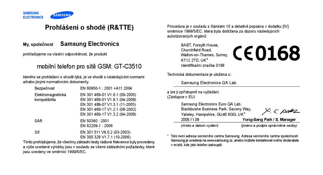 Samsung GT-C3510XKAO2C, GT-C3510SIAXEZ, GT-C3510XKAXEZ manual Prohlášení o shodě R&TTE, My, společnost Samsung Electronics 