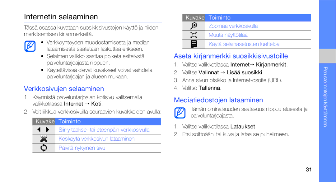 Samsung GT-C3510CWANEE manual Internetin selaaminen, Verkkosivujen selaaminen, Aseta kirjanmerkki suosikkisivustoille 