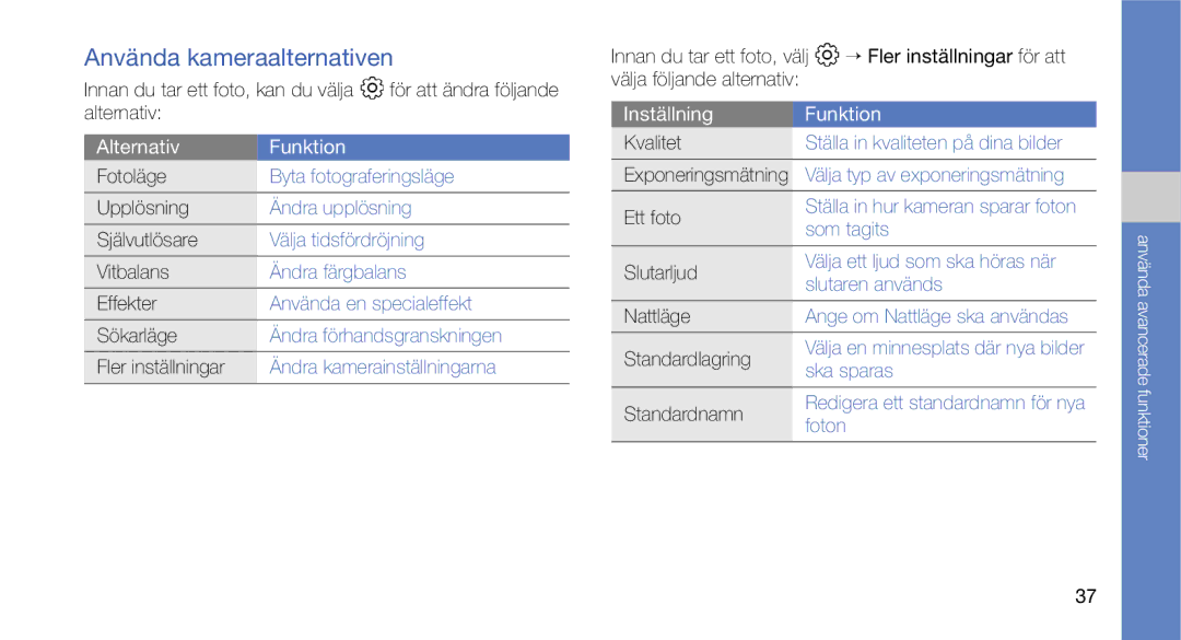 Samsung GT-C3510SBANEE, GT-C3510XKAXEE, GT-C3510SIAXEE, GT-C3510XKANEE manual Använda kameraalternativen, Alternativ Funktion 