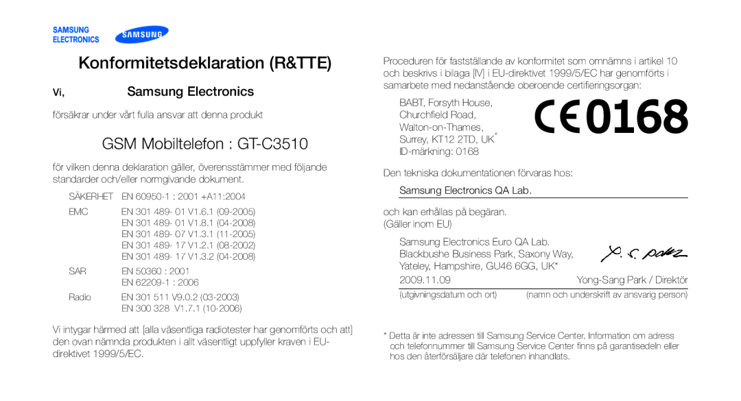 Samsung GT-C3510CWANEE, GT-C3510XKAXEE, GT-C3510SBANEE manual Konformitetsdeklaration R&TTE, GSM Mobiltelefon GT-C3510 