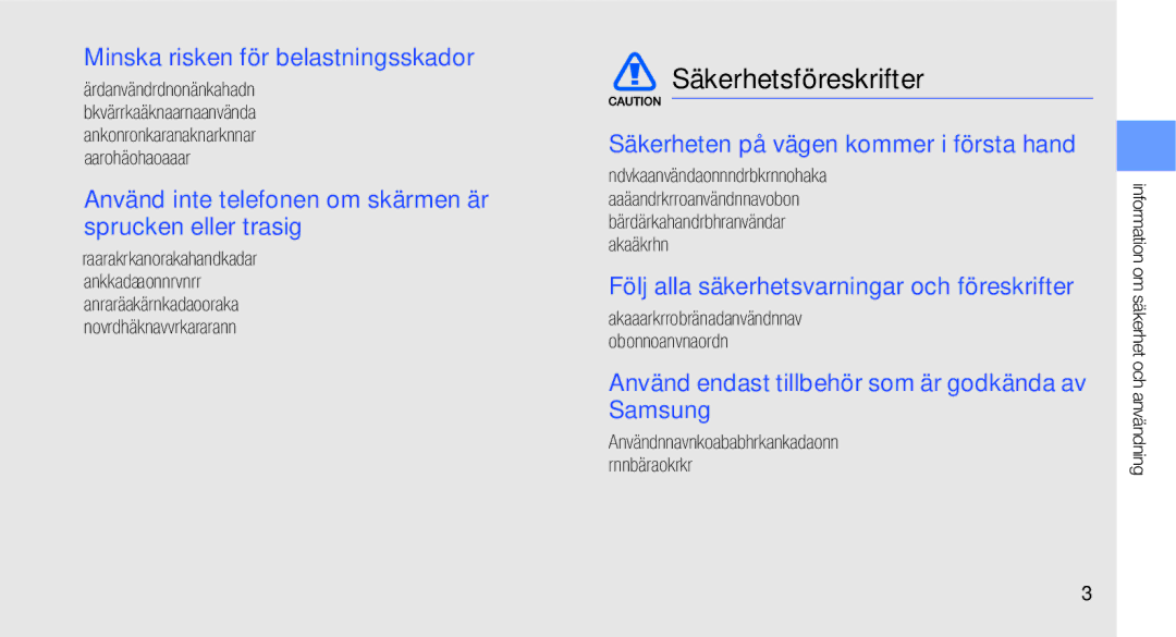 Samsung GT-C3510XKANEE, GT-C3510XKAXEE, GT-C3510SBANEE, GT-C3510SIAXEE, GT-C3510SIANEE, GT-C3510CWANEE Säkerhetsföreskrifter 