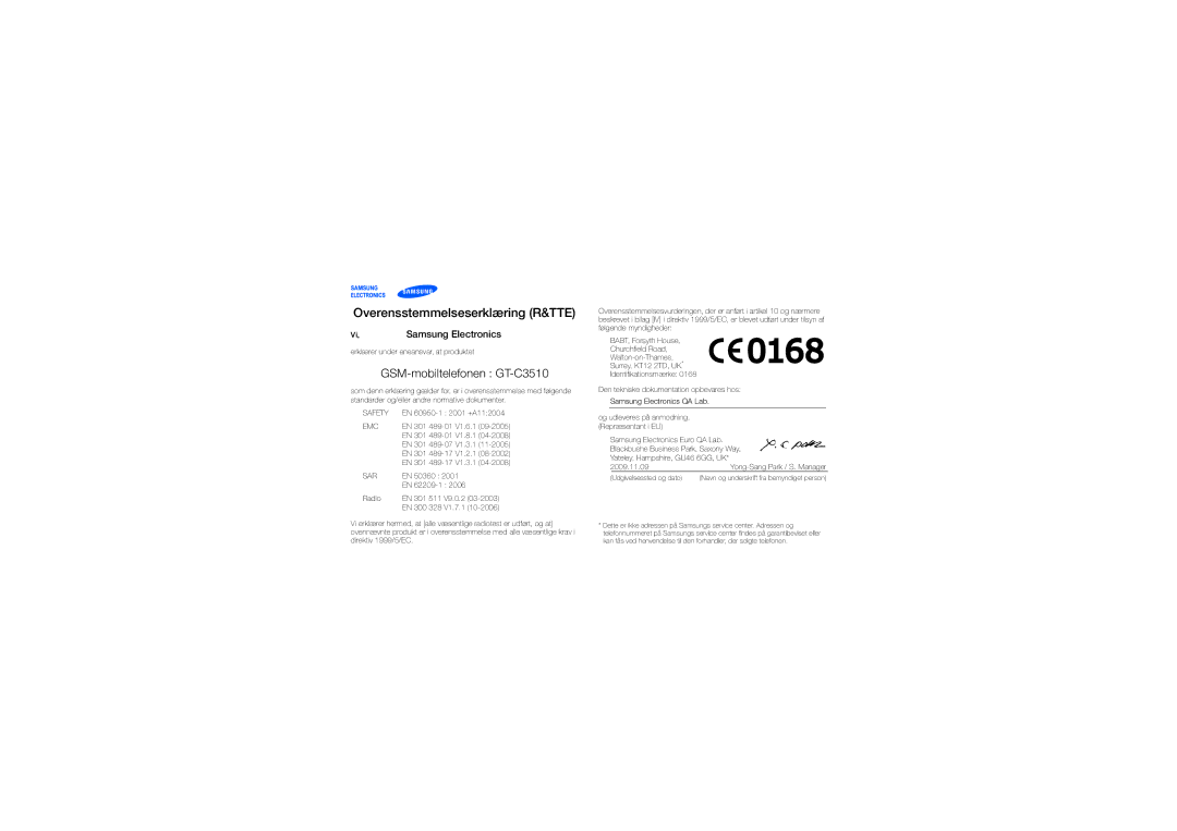 Samsung GT-C3510CWANEE, GT-C3510XKAXEE, GT-C3510SBANEE, GT-C3510SIAXEE Overensstemmelseserklæring R&TTE, Samsung Electronics 