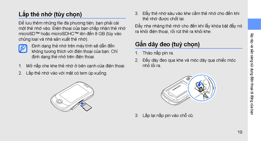 Samsung GT-C3510SIAXXV, GT-C3510XKAXXV, GT-C3510CWAXXV, GT-C3510DPAXXV manual Lăp the nhơ tùy chọn, Gắn dây đeo tuỳ chọn 