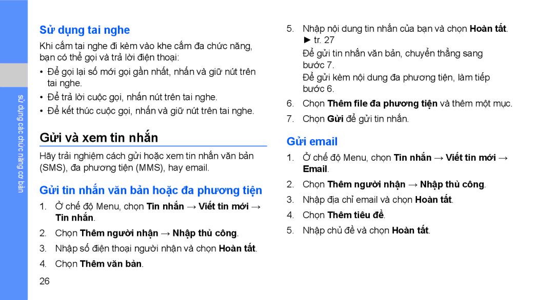 Samsung GT-C3510CWAXXV manual Gửi và xem tin nhắn, Sử dụng tai nghe, Gửi tin nhắn văn bản hoặc đa phương tiện, Gửi email 