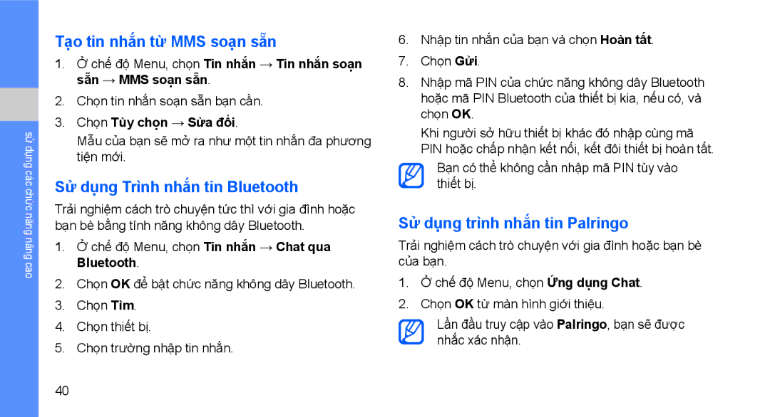 Samsung GT-C3510XKAXXV Tạo tin nhắn từ MMS soạn sẵn, Sử dụng Trình nhắn tin Bluetooth, Sử dụng trình nhắn tin Palringo 