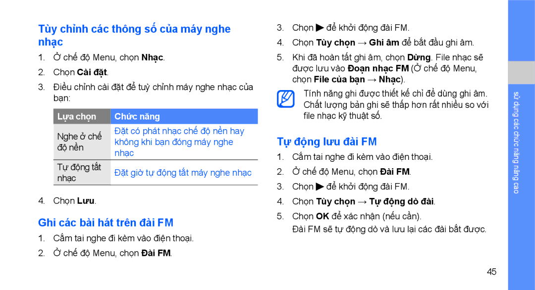 Samsung GT-C3510XKAXXV manual Tùy chỉnh các thông số của máy nghe nhạc, Ghi các bài hát trên đài FM, Tự động lưu đài FM 