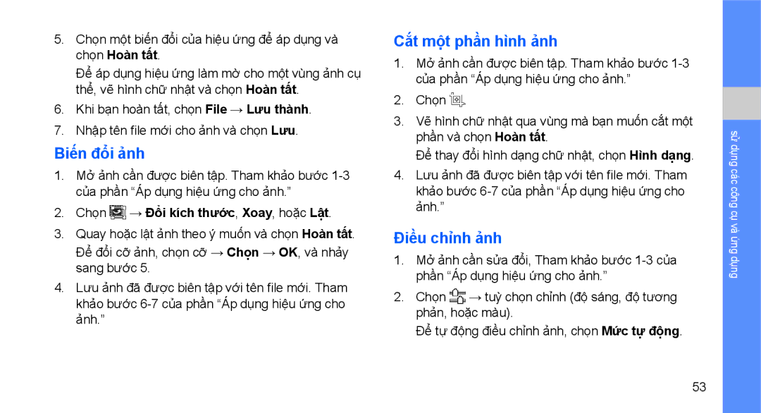 Samsung GT-C3510SBAXXV manual Biến đổi ảnh, Cắt một phần hình ảnh, Điều chỉnh ảnh, Chọn → Đổi kich thươc, Xoay, hoặc Lật 