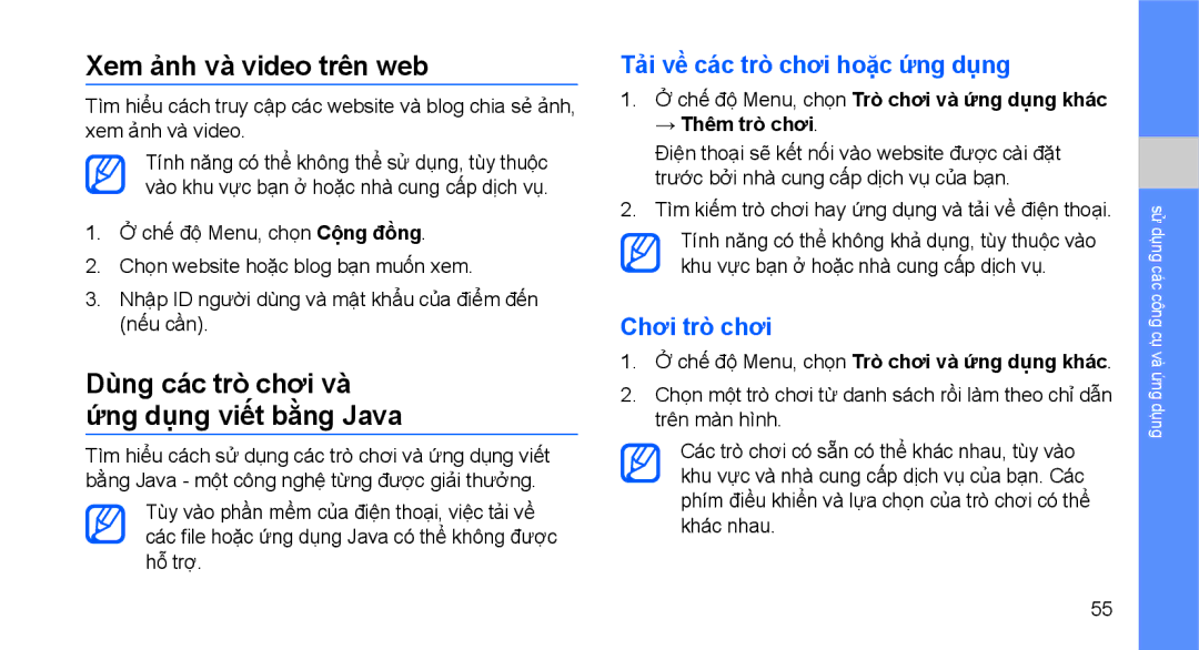 Samsung GT-C3510XKAXXV manual Xem ảnh và video trên web, Dùng các trò chơi và ứng dụng viết bằng Java, Chơi trò chơi 