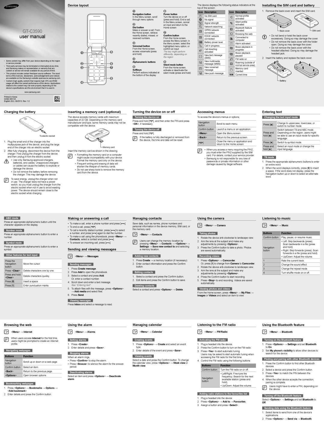 Samsung GT-C3590 user manual Device layout, Installing the SIM card and battery, Charging the battery, Accessing menus 