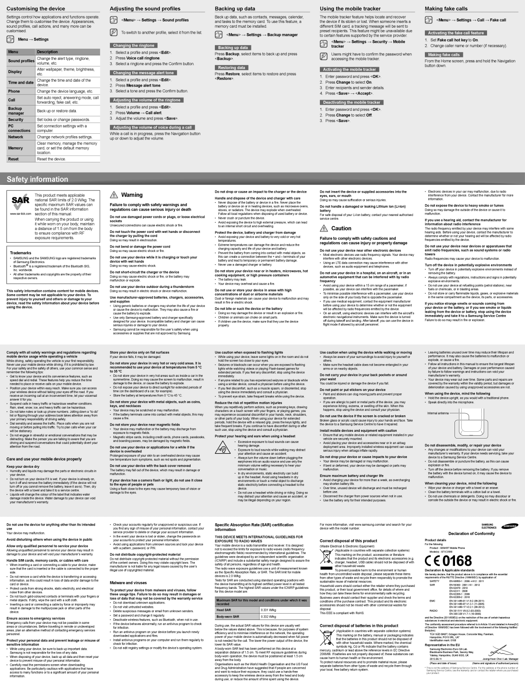 Samsung GT-C3590 user manual Safety information, Customising the device, Adjusting the sound profiles, Backing up data 