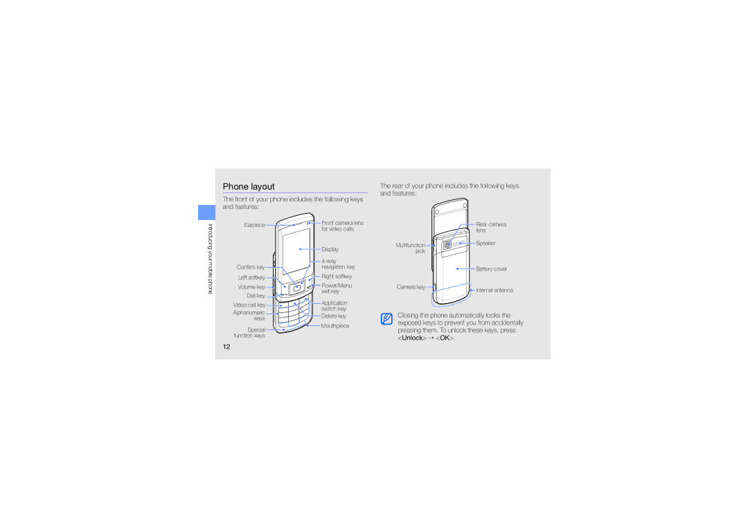 Samsung GT-C5510 manual Phone layout, Rear of your phone includes the following keys and features, Unlock → OK 