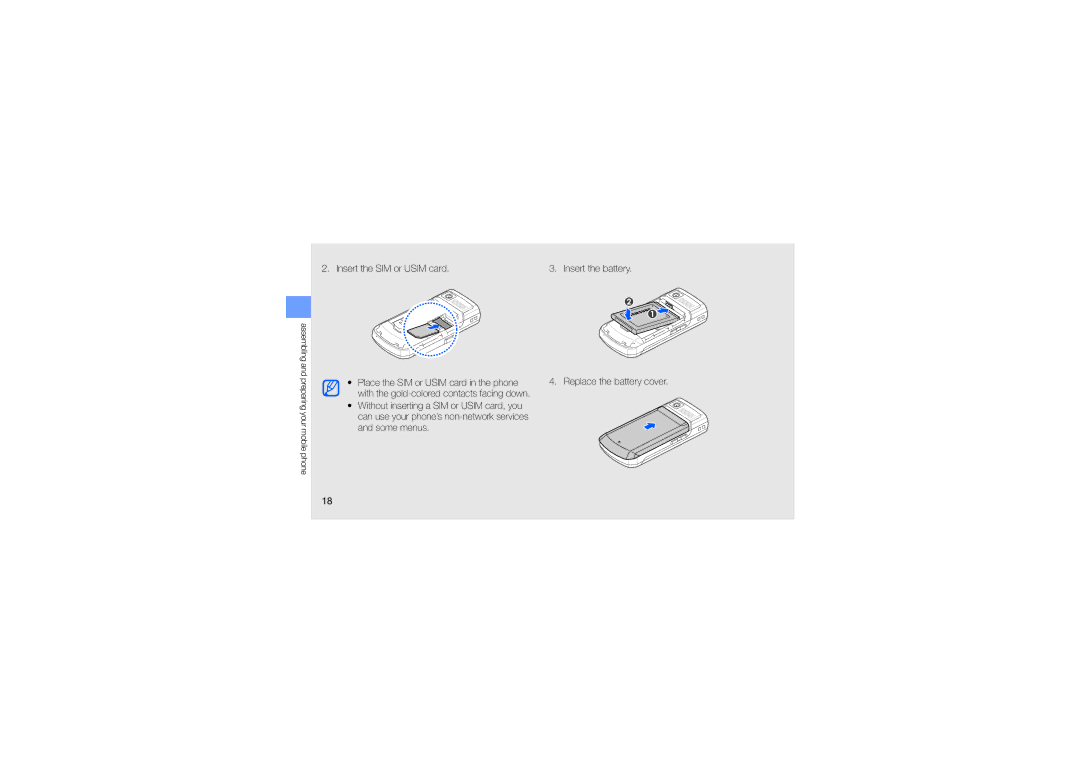 Samsung GT-C5510 manual Insert the SIM or Usim card, Place the SIM or Usim card in the phone 