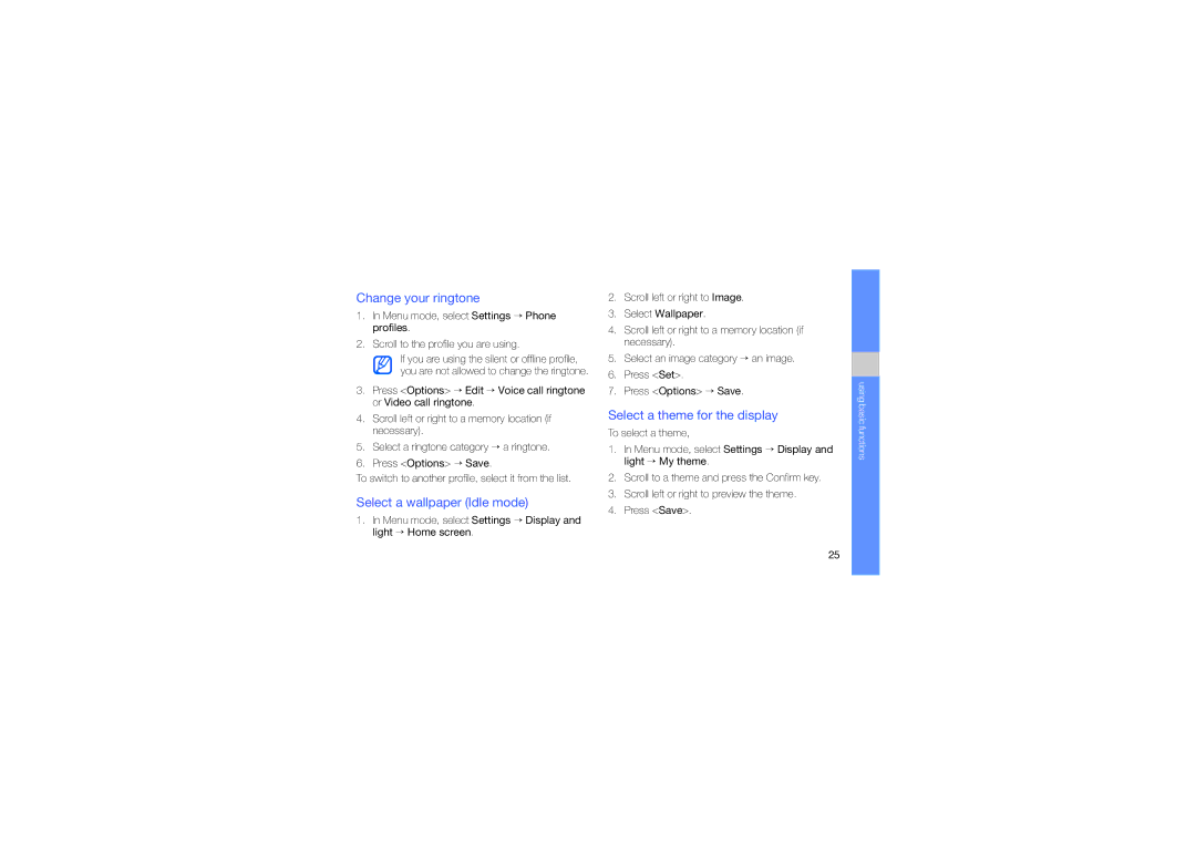 Samsung GT-C5510 manual Change your ringtone, Select a wallpaper Idle mode, Select a theme for the display 