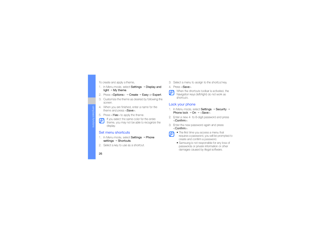 Samsung GT-C5510 manual Set menu shortcuts, Lock your phone 