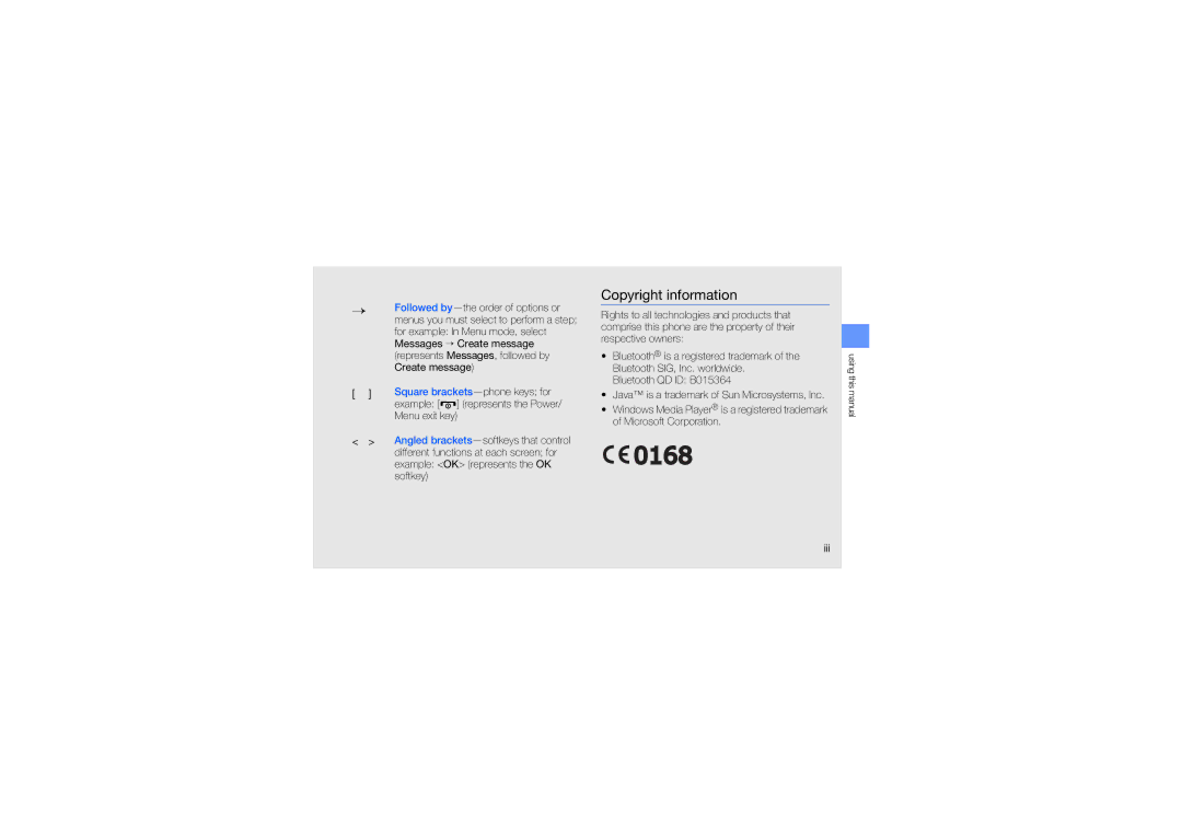 Samsung GT-C5510 manual Copyright information, Example OK represents the OK, Softkey, Iii 