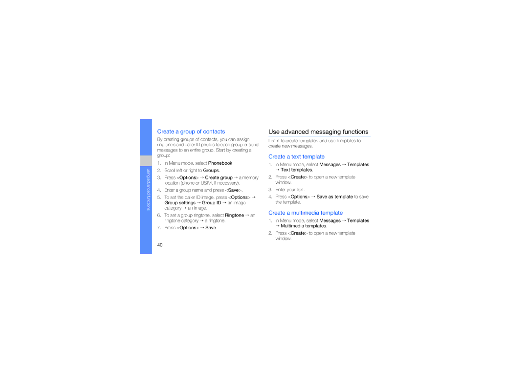 Samsung GT-C5510 manual Use advanced messaging functions, Create a group of contacts, Create a text template 