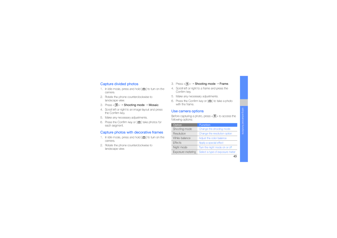 Samsung GT-C5510 manual Capture divided photos, Capture photos with decorative frames, Use camera options 