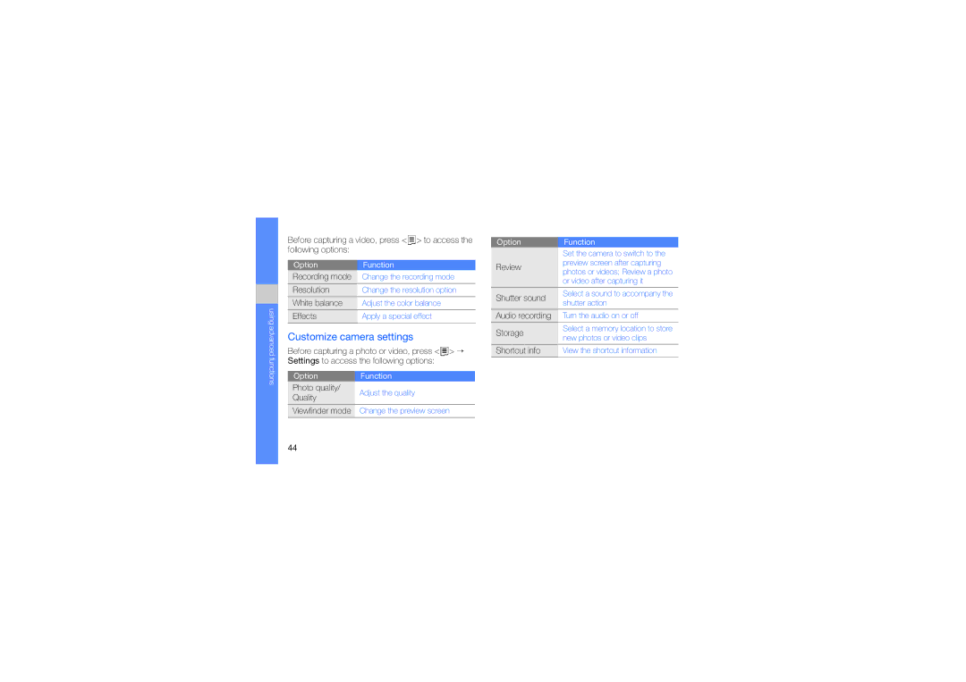 Samsung GT-C5510 manual Customize camera settings 