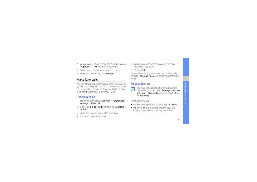 Samsung GT-C5510 manual Make fake calls, Record a voice, Make a fake call 