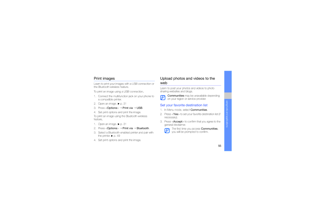 Samsung GT-C5510 manual Print images, Upload photos and videos to the web, Set your favorite destination list 