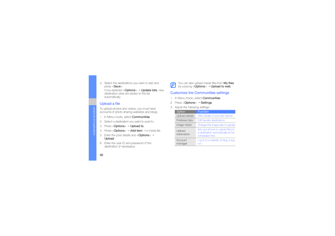 Samsung GT-C5510 manual Upload a file, Customize the Communities settings 