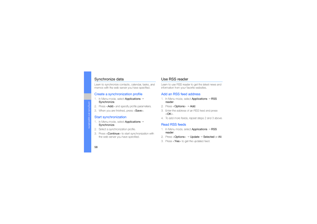 Samsung GT-C5510 manual Synchronize data, Use RSS reader 